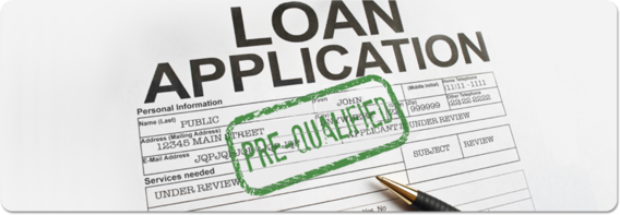 Words "Loan Application" at the top of a white document with various information on it, with the words "Pre Qualified" stamp in green