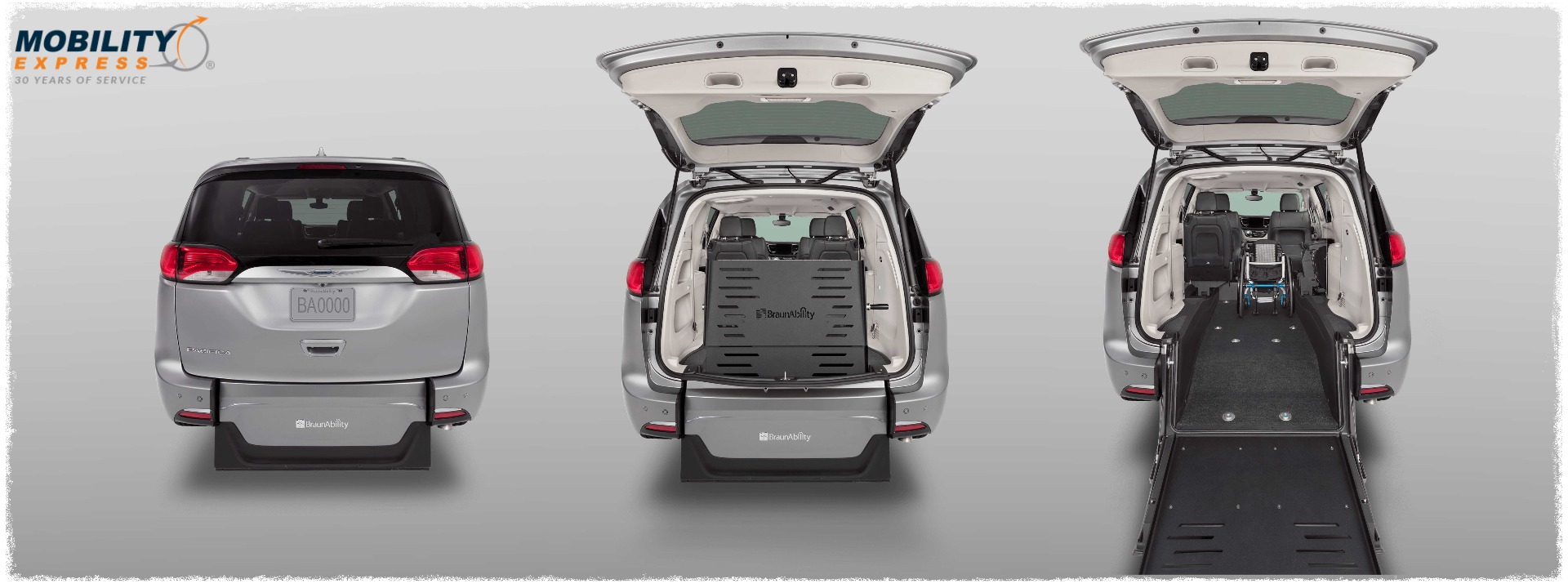 Three rear entry wheelchair vans, side by side, showing the door open, closed and ramp deployed.