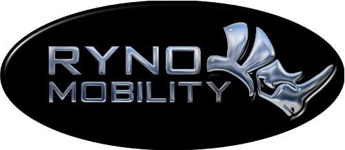 Ryno Mobility Logo - A black oval with the words 'Ryno Mobility' in silver next to a silhouette of a Rhinoceros.